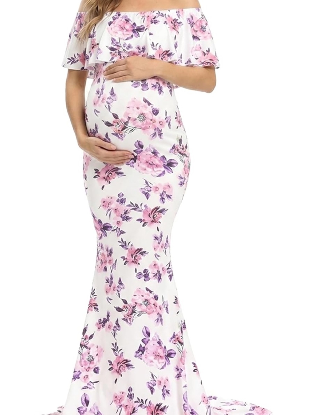 White Maxi Dress with Pink and Purple Floral Print - Picture 7 of 8